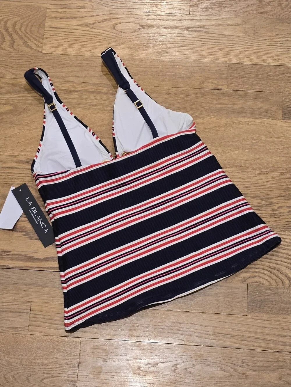 LA Blanca Sailor Stripe Lace-Up Tankini Top Sexy Fit Indigo Multi Sz 8 NWT